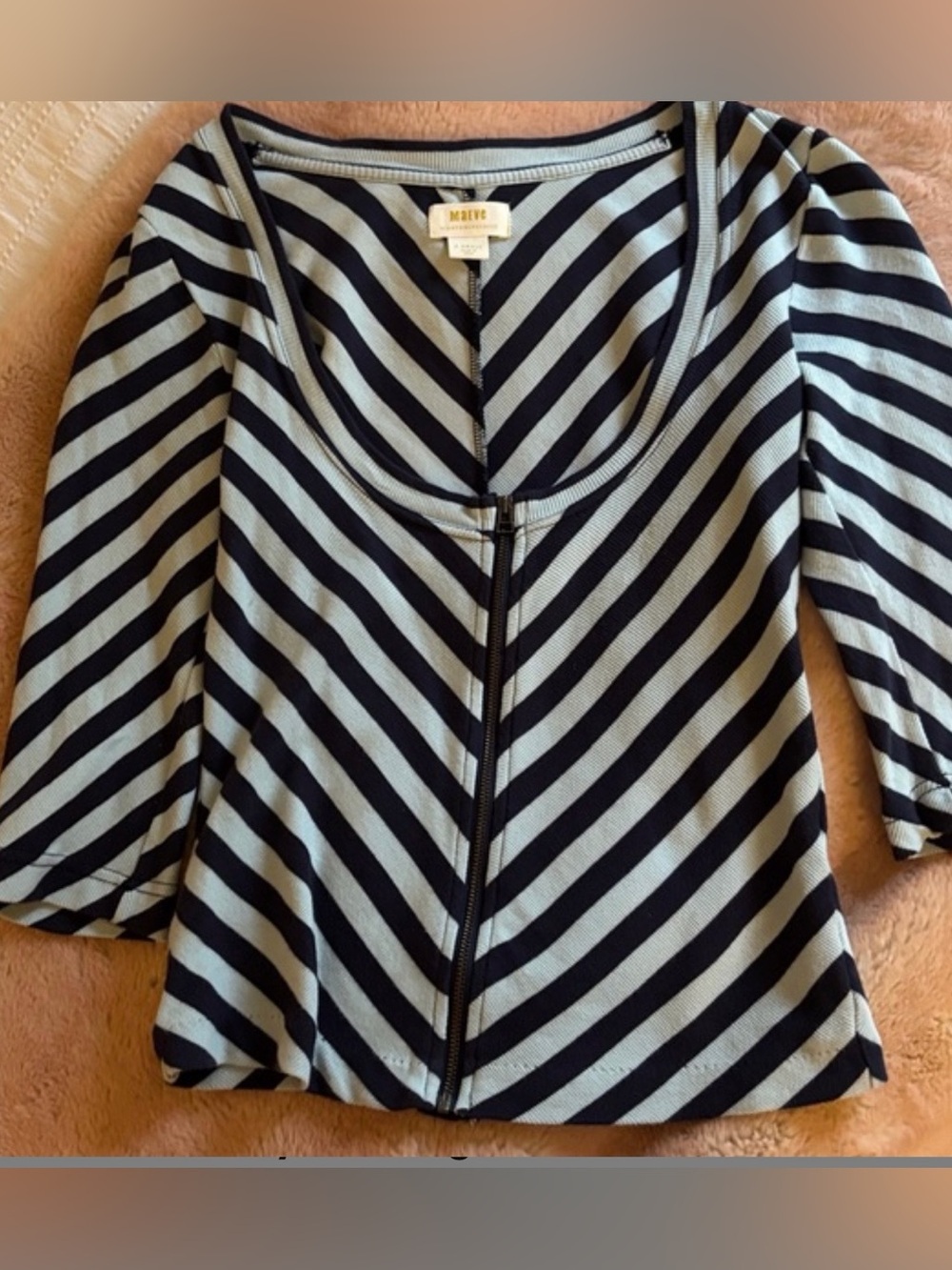Anthropologie Maeve Navy and Light Blue Striped Scoop Neck Zip-Front Top
